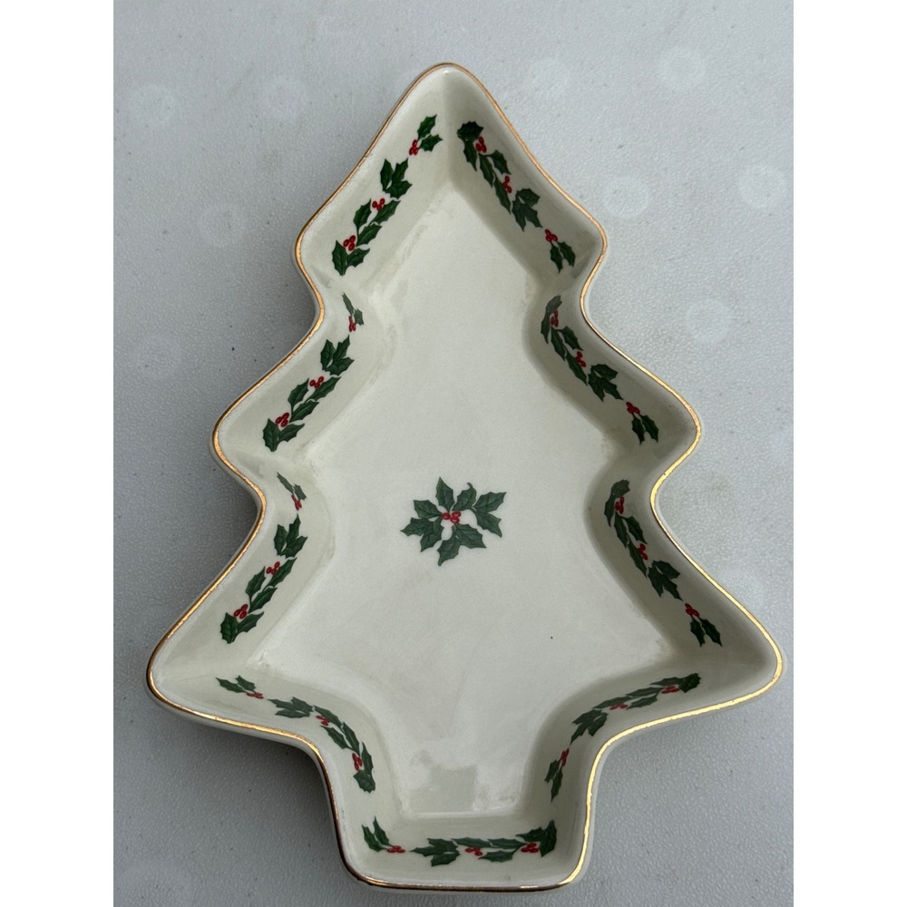 Living Quarters Christmas Tree Shaped Ceramic Serving Dish Holly Gold Trim 8.5in